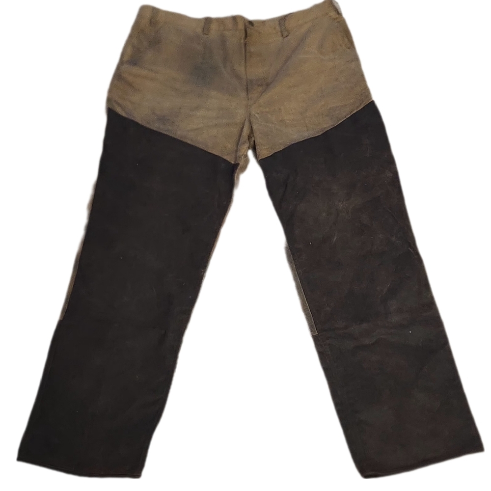 Cabela's Vintage Work/Hunting 40X32 Tan Cotton & Brown Leather Men's Pants
